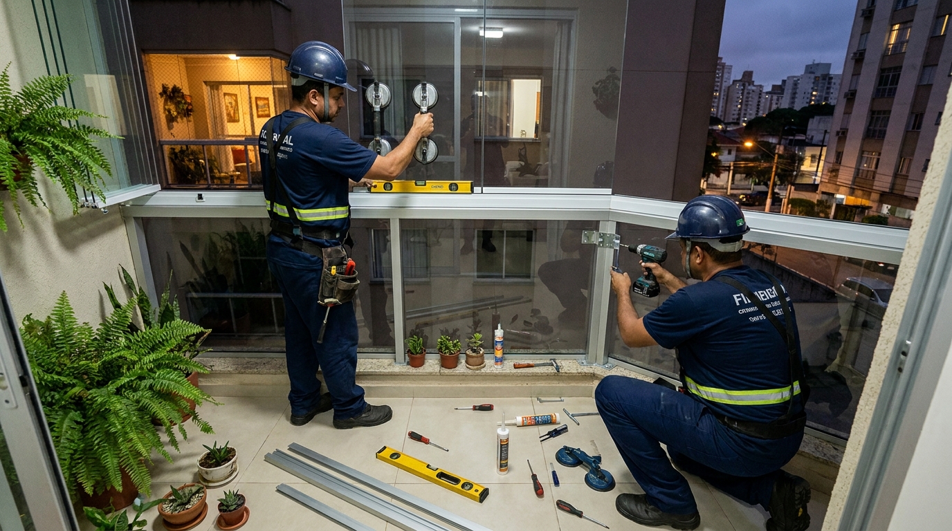 Instalação noturna de parede de vidro em Blumenau-SC
